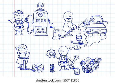 Hand drawn auto service illustration. Funny workers icons. Doodle vector professional set on notebook page. 10 EPS.