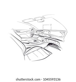 Hand Drawn Automobile Interior. Car Of The Future. Vector Illustration.