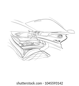 Hand Drawn Automobile Interior. Car Of The Future. Vector Illustration.