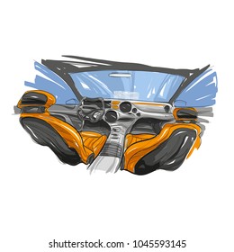 Hand Drawn Automobile Interior. Car Of The Future. Vector Illustration.