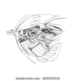 Hand Drawn Automobile Interior. Car Of The Future. Vector Illustration.