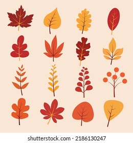 Hand drawn autumm forest leaves elements.Autumn leaves. Oak, maple, elm dry fallen leaf. Hand drawn fall forest yellow or red foliage. Dried plant leaves, autumnal falling leaf vector set