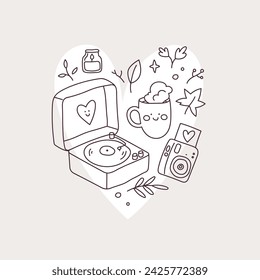 Hand drawn autumn aesthetics set. Portable turntable with vinyl playing, cup of tea or coffee and instant camera, doodle sketch style collection. Simple line season illustration