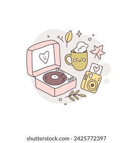 Hand drawn autumn aesthetics set. Portable turntable with vinyl playing, cup of tea or coffee and instant camera, color doodle sketch style collection. Simple line season illustration