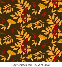 Hand drawn autumn ashberry and mushroom pattern on dark background. Isolated flat vector yellow leaves and chanerelles with red berries. Simple nature design. Good for decoration, textile, wrapping