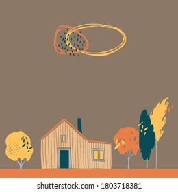 Handgezeichneter Herbsthintergrund mit Bäumen und Häusern. Vektorgrafik-Illustration.