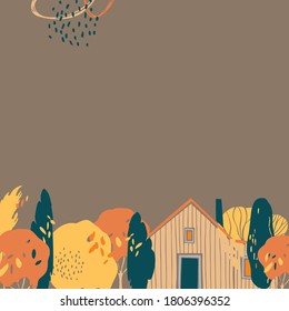 Handgezeichneter Herbsthintergrund mit Bäumen und Haus. Vektorgrafik-Illustration.