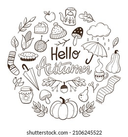 Hand drawn autumn card with seasonal elements. Warm clothes, pumpkings, apple pie, leaves and twigs. Doodle vector illustration with isolated elements.