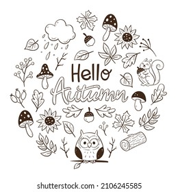 Hand drawn autumn card with seasonal leaves, twigs, mushrooms and little forest animals. Doodle vector illustration with isolated elements.