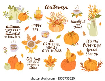 Hand drawn autumn clip art set with lettering. Orange, green pumpkins and autumn leaves, cup of coffee, candle, jug, flowers, branches, berries. It's the pumpkin spice season, Be grateful and thanks,