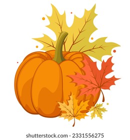 Hand drawn autumn clip art. Pumpkin and colorful leaves