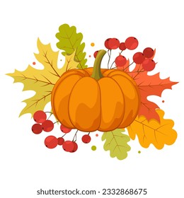 Hand drawn autumn clip art. Pumpkin, guelder rose and colorful leaves.