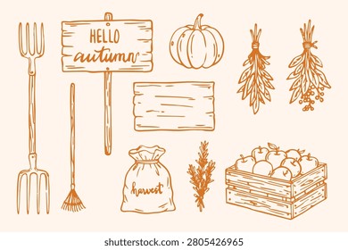 Hand drawn autumn collection featuring pumpkins, wheat, gardening tools, crates and rustic harvest essentials. Ideal for seasonal branding, Thanksgiving and farm-themed projects.