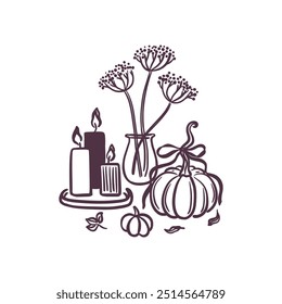 Hand drawn autumn composition featuring candles, pumpkins, and a vase with flowers. Black sketch style. Cozy fall season. Home decor. Isolated vector illustration.