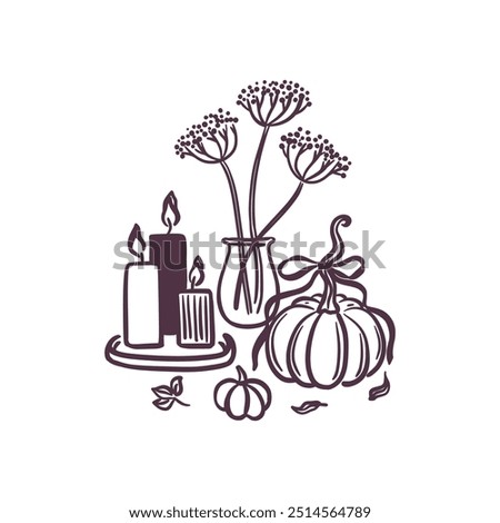 Hand drawn autumn composition featuring candles, pumpkins, and a vase with flowers. Black sketch style. Cozy fall season. Home decor. Isolated vector illustration.