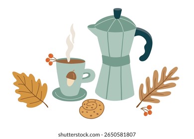 Hand drawn autumn composition with a moka pot, acorn cup, steam, berries, cookie, and fall leaves. Perfect for cozy seasonal prints, greeting cards, or warm drink designs
