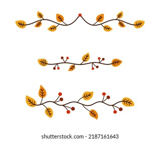 Hand drawn autumn dividers, borders set. Decorative vector lines with leaves and seasonal berries. Doodle ornate tree branches