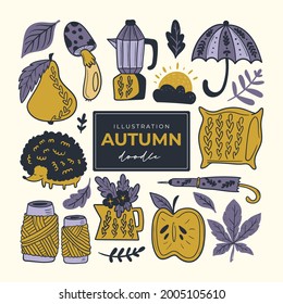 Hand drawn autumn doodle colorless illustrations. Set of cute vector objects. Illustrations for poster, background or card.