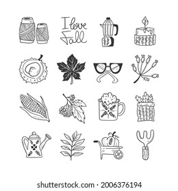 Hand drawn autumn doodle colorless illustrations. Set of cute vector objects. Illustrations for poster, background or card.