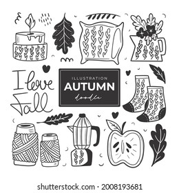 Hand drawn autumn doodle colorless illustrations. Set of cute vector objects: Candle, leaf, pillow, kettle, knitted socks, knitting threads, coffee, apple.