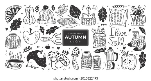 Hand drawn autumn doodle colorless illustrations. Set of cute vector objects: Illustrations for poster, background or card.