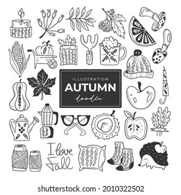 Hand drawn autumn doodle colorless illustrations. Set of cute vector objects. Illustrations for poster, background or card.