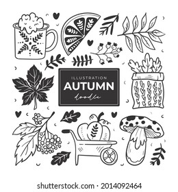 Hand drawn autumn doodle colorless illustrations. Set of cute vector objects. Illustrations for poster, background or card.