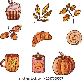 Hand drawn autumn doodle set, bakery and pumpkin bright icons illustration. Vector set for stickers