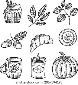 Hand drawn autumn doodle set, bakery and pumpkin black outline icons illustration. Vector set for stickers, coloring book