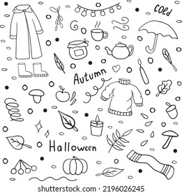 Hand drawn autumn doodle set. Includes autumn attributes such as hot tea, raincoat, leaves, candles, warm clothes and autumn gifts. Also includes doodle elements, circles, ovals, swirls.