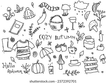Hand drawn autumn doodle set. Includes autumn attributes such as hot tea, raincoat, leaves, candles, warm clothes and autumn gifts. 