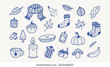 Hand drawn autumn doodles collection featuring scarves candles and other fall themed elements perfect for seasonal designs and crafts