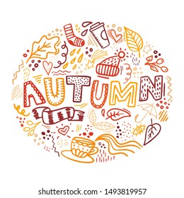 hand drawn autumn doodles and lettering quote on white background. Perfect for posters, banners, prints, greeting cards design. EPS 10