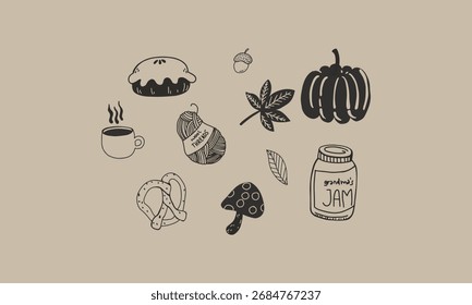 Rabiscos de outono desenhados à mão em duas cores.