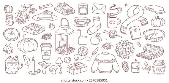 Hand drawn autumn doodles, warm sweater and blanket, lantern with candle, hot cocoa and tea. Cute fall season linear stickers, leaves, acorns and mushrooms, honey, cozy decor sketch element vector set