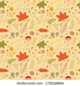 Colección de elementos de otoño dibujados a mano sin problemas. Hongos, bayas y hojas. Ilustración vectorial.