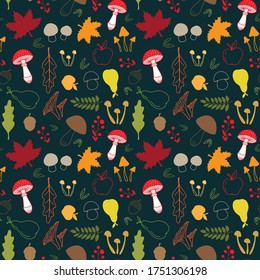 Hand drawn autumn elements collection. Mushrooms, berries, apple, pear and leaves. Vector illustration.