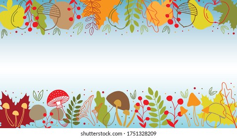 Hand drawn autumn elements collection seamless border. Mushrooms, berries and leaves. Vector illustration.