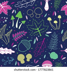 Hand drawn autumn elements collection seamless pattern. Mushrooms, berries and leaves. Vector illustration.