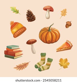 Hand drawn autumn elements collection with pumpkins, socks, books, leaves, pie, and mushrooms for seasonal designs.
