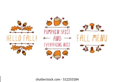 Hand drawn autumn elements with inscription hello fall, pumpkin spice and everything nice, fall menu on white background