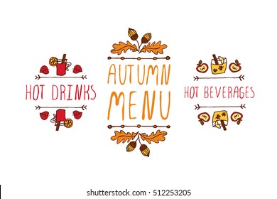 Hand drawn autumn elements with inscription hot drinks, autumn menu, hot beverages on white background