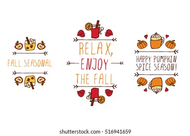 Hand drawn autumn elements with inscription fall seasonal, relax enjoy the fall, happy pumpkin spice season on white background