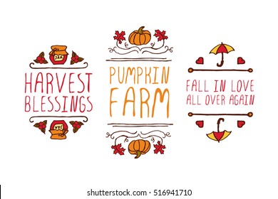 Hand drawn autumn elements with inscription harvest blessings, pumpkin farm, fall in love all over again on white background