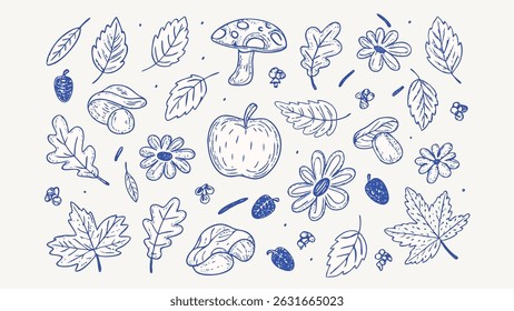 Hand drawn autumn elements leaves doodles and fall foliage illustrations for design projects