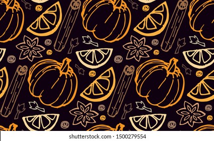 Hand Drawn Autumn Elements Lettering  With Inscription Mulled Wine, Pumpkin Spice Latte, Apple Cider - Pattern, Background