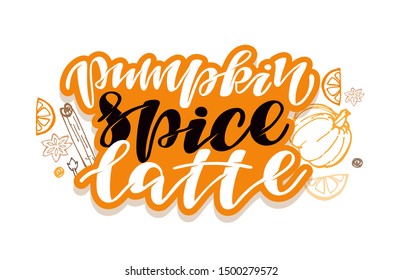 Hand drawn autumn elements lettering  with inscription mulled wine, pumpkin spice latte, apple cider - pattern, background