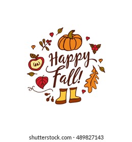 Hand drawn autumn elements with pumpkin, hearts and happy fall inscription in center on white background