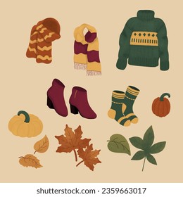Ilustración de los elementos esenciales del otoño dibujados a mano 