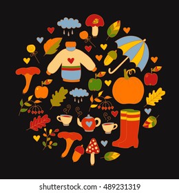 Hand drawn autumn fall circle round set black background colorful sketch doodles